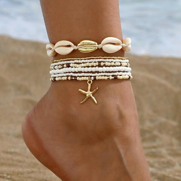 Women Boho Shell Anklet Set Beaded Starfish Adjustable Beach Foot Jewelry - Picture 4 of 7